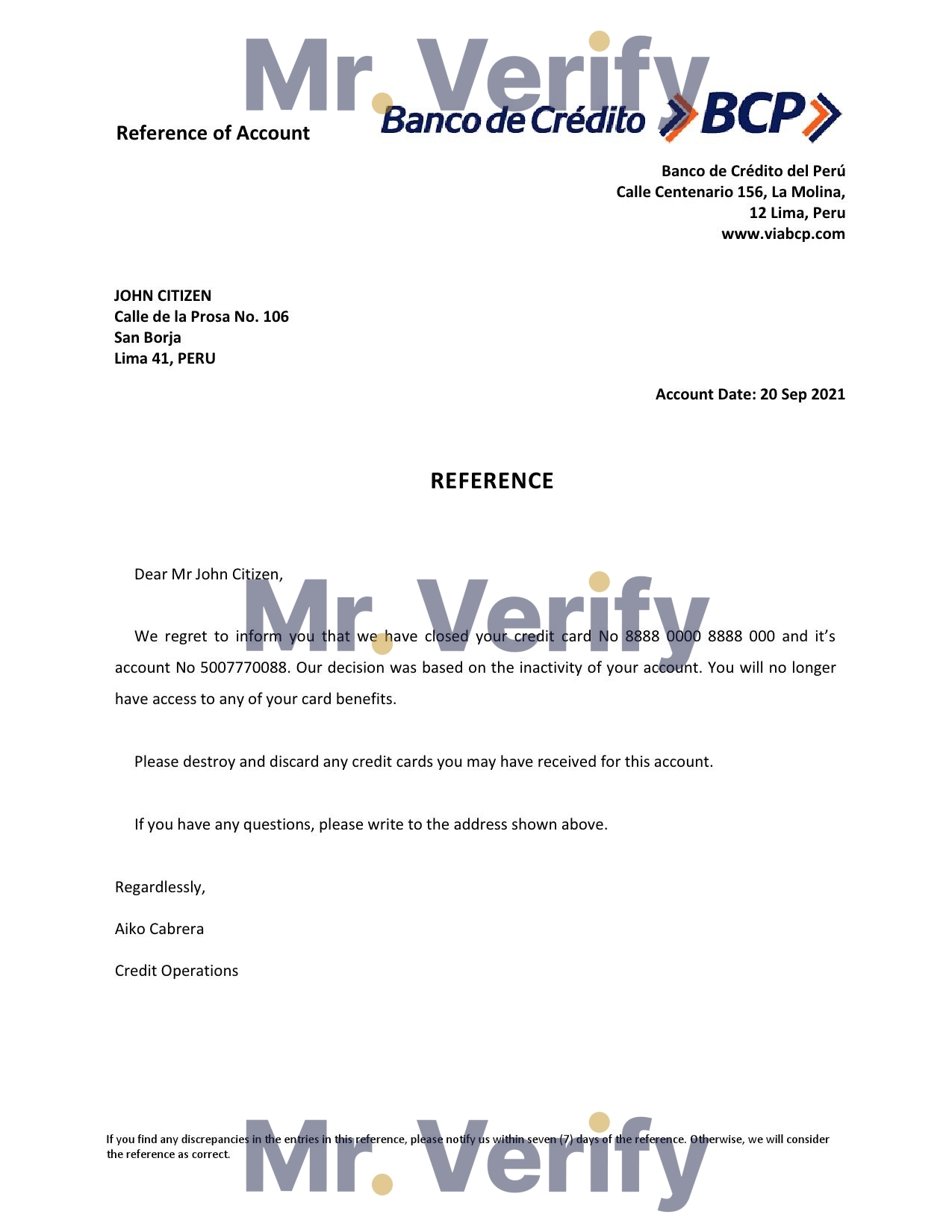Download Peru Banco de Credito Bank Reference Letter Templates | Editable Word