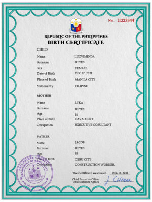 Philippines birth certificate PSD template, completely editable