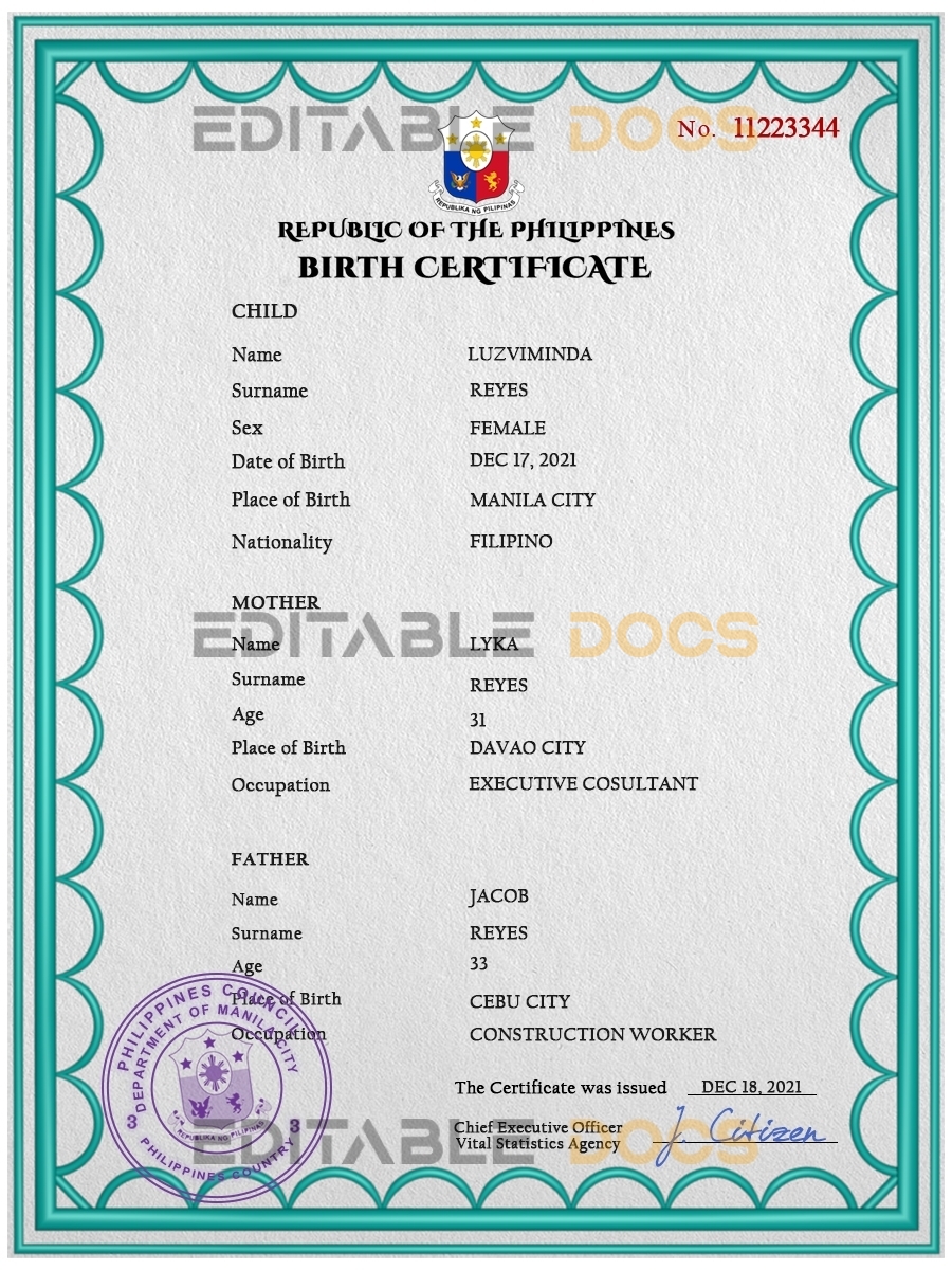 Authentic Philippines Birth Certificate Template | Customize and Download Online