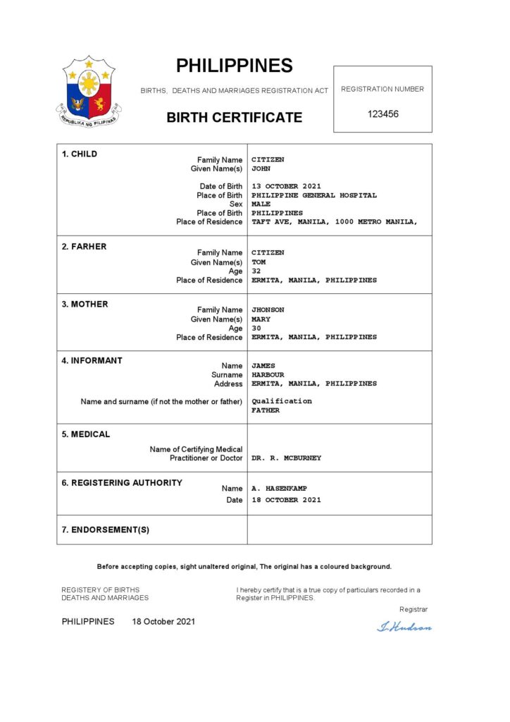 Philippines vital record birth certificate Word and PDF template, completely editable