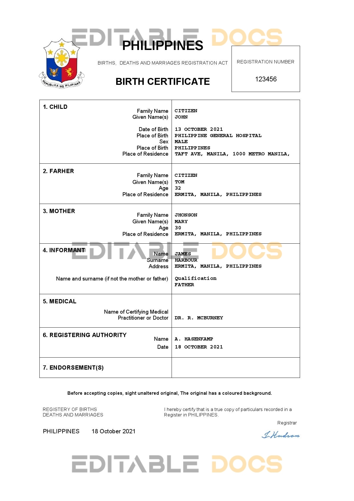 Authentic Philippines vital record Birth Certificate Template | Customize and Download Online