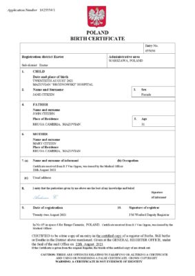 Poland vital record birth certificate Word and PDF template, completely editable