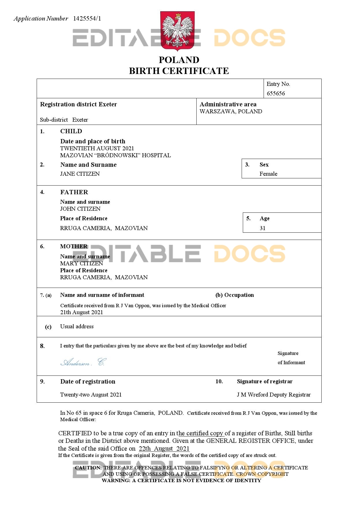 Authentic Poland vital record Birth Certificate Template | Customize and Download Online