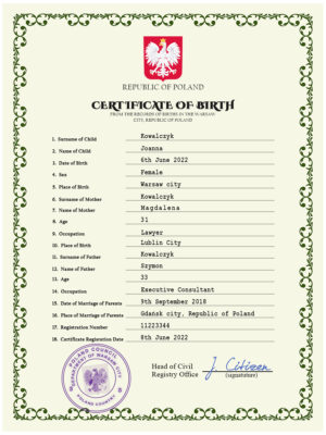 Authentic Poland Birth Certificate Template | Customize and Download Online