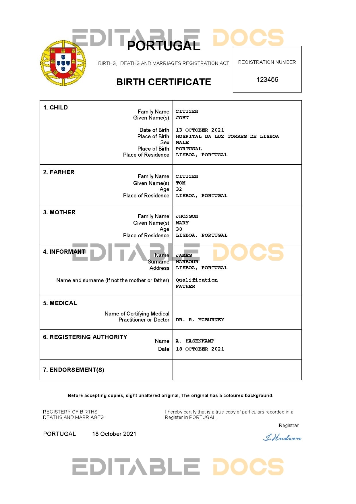 Authentic Portugal Birth Certificate Template | Customize and Download Online