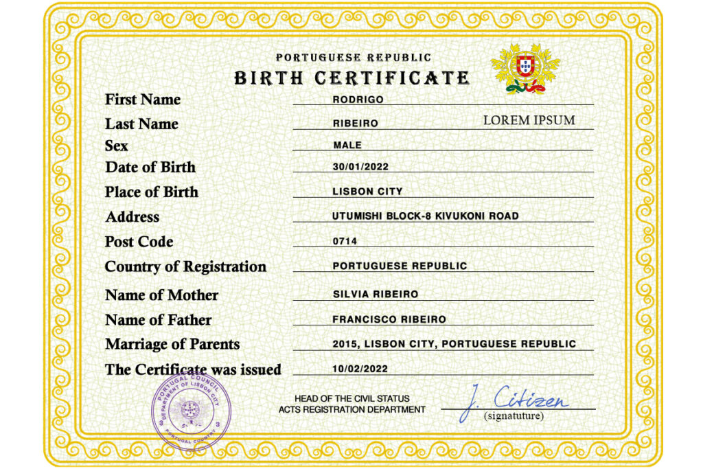 Portugal vital record birth certificate PSD template, fully editable