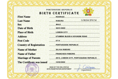 Portugal vital record birth certificate PSD template, fully editable