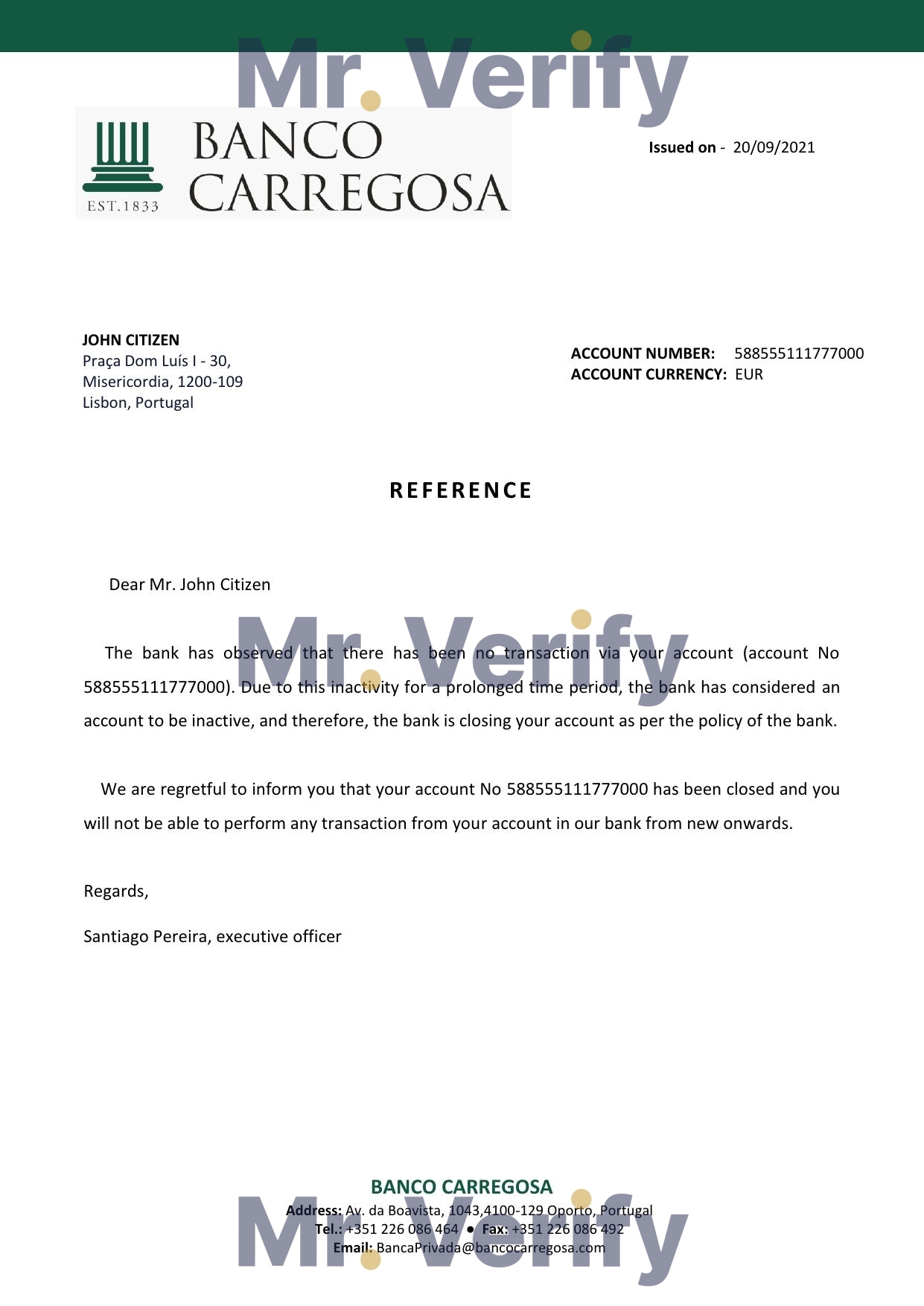 Download Portugal Banco Carregosa Bank Reference Letter Templates | Editable Word