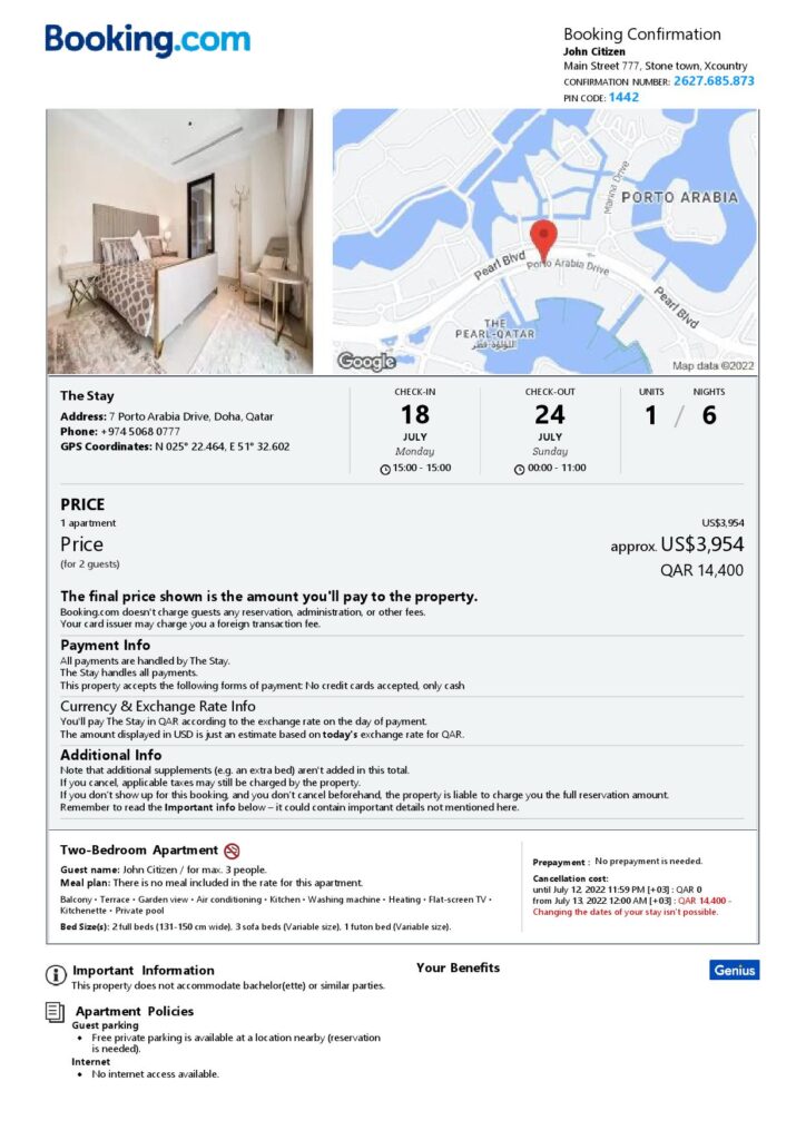 Editable Qatar Hotel Booking Form Template | Fillable PDF