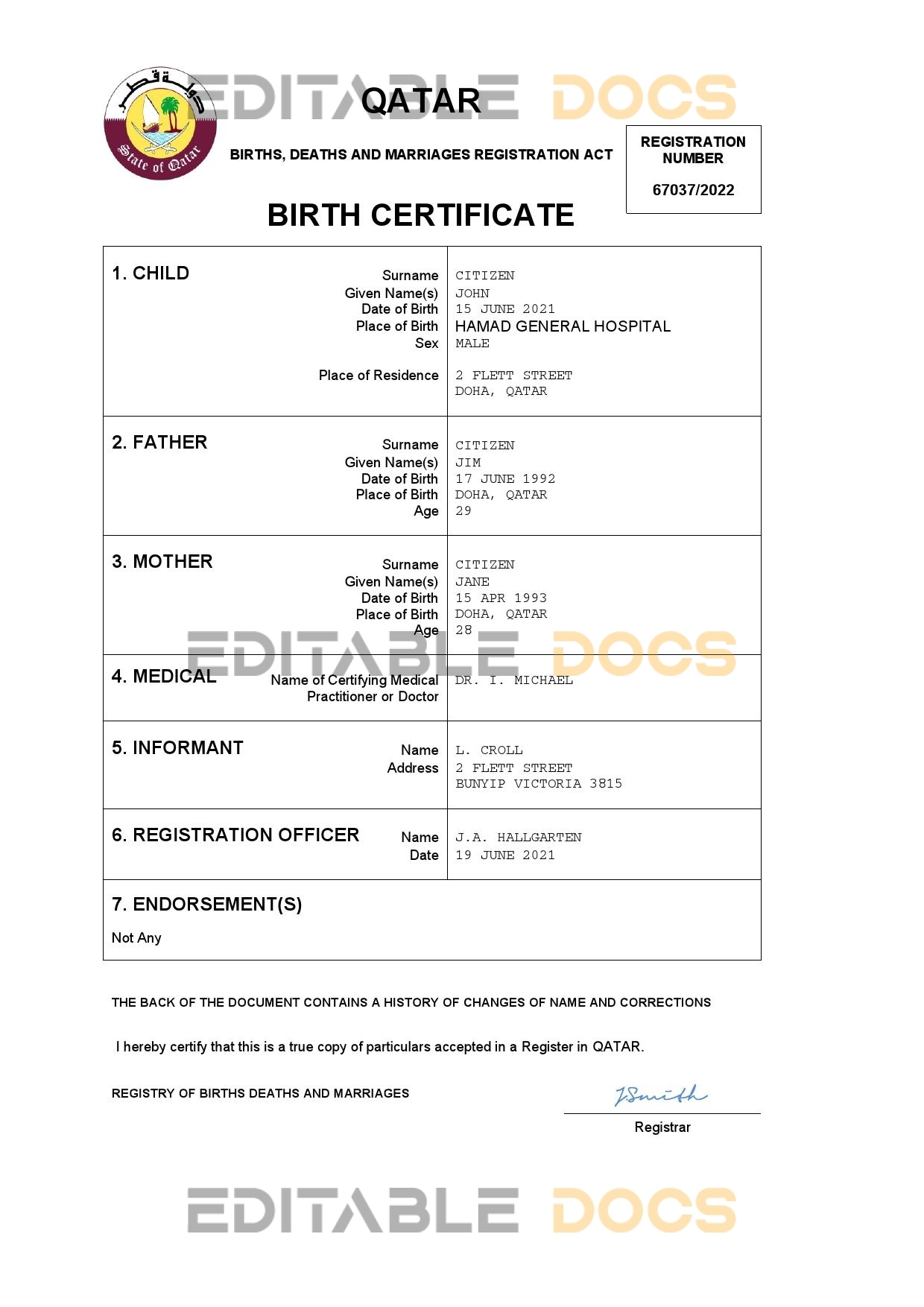 Authentic Qatar vital record Birth Certificate Template | Customize and Download Online