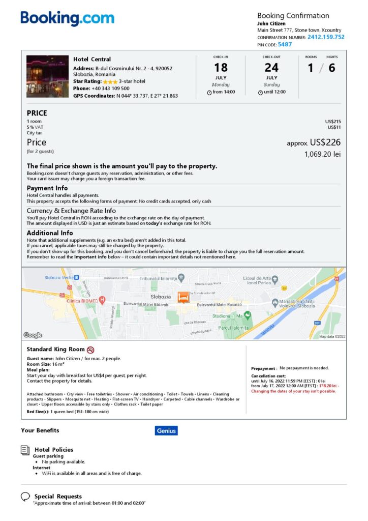 Editable Romania Hotel Booking Form Template | Fillable PDF