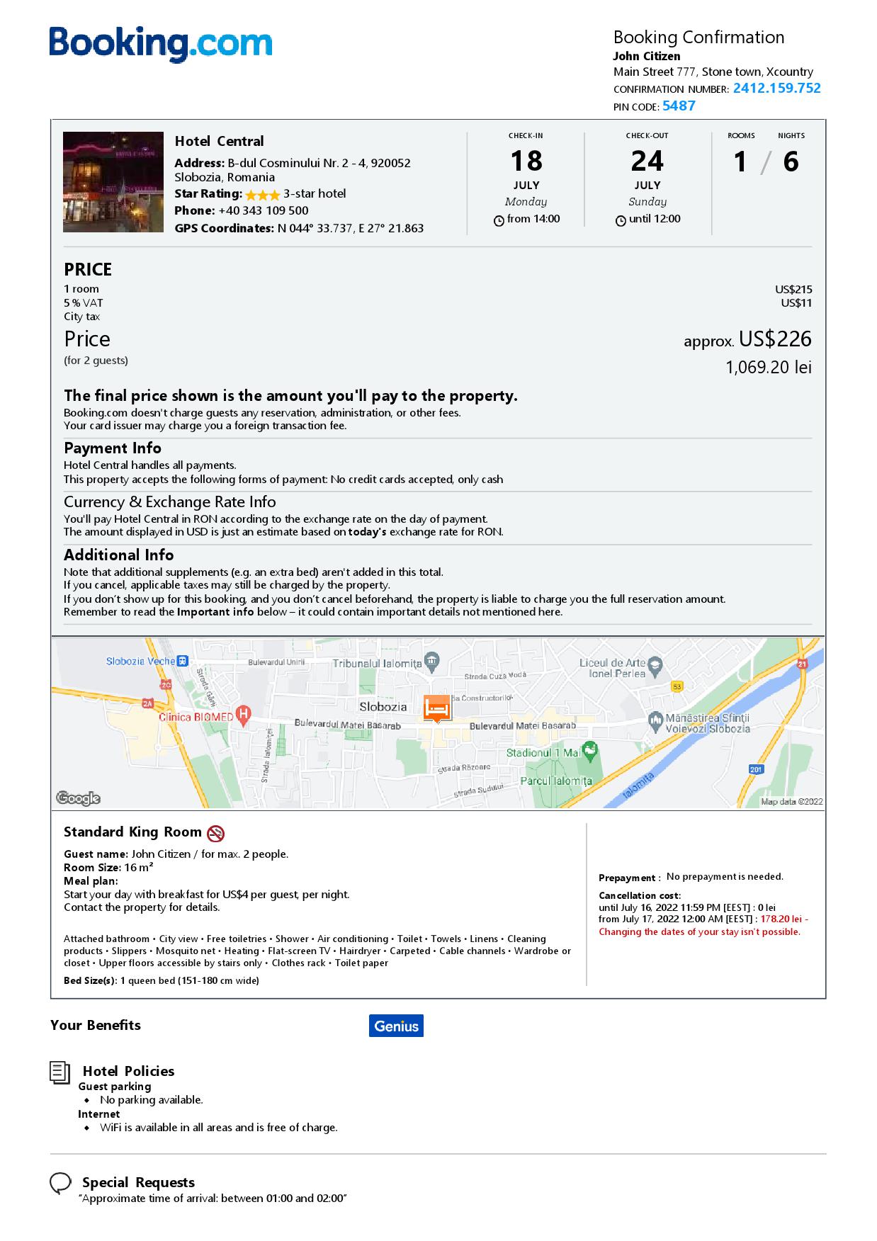 Editable Romania Hotel Booking Form Template | Fillable PDF