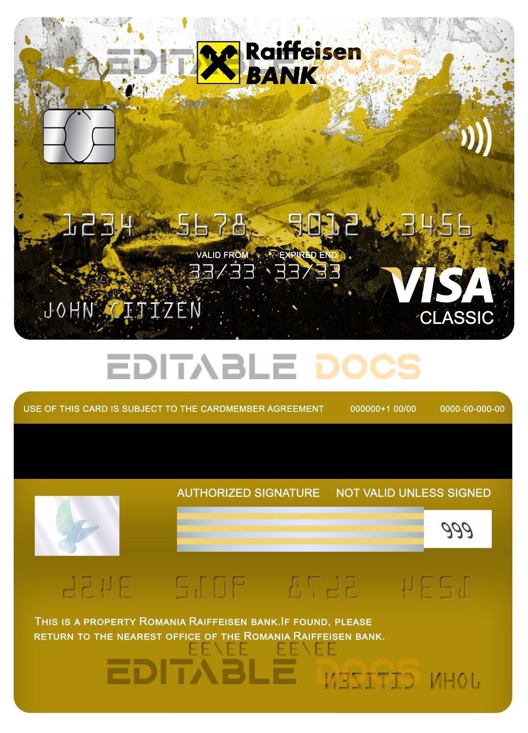 Editable Romania Raiffeisen bank visa classic card Templates in PSD Format