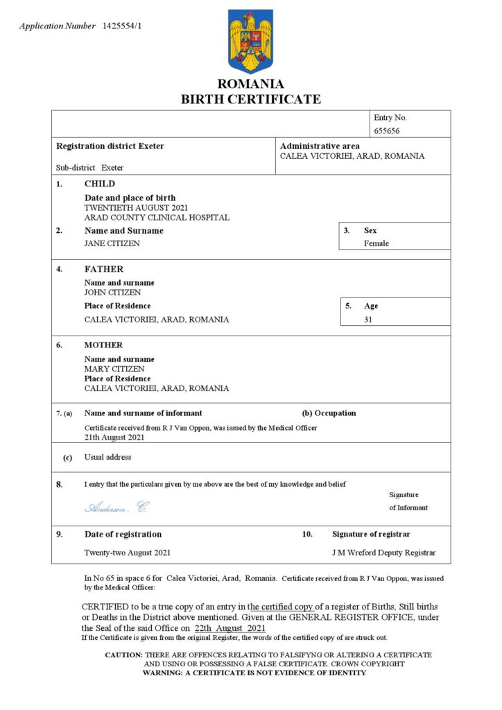 Romania birth certificate Word and PDF template, completely editable