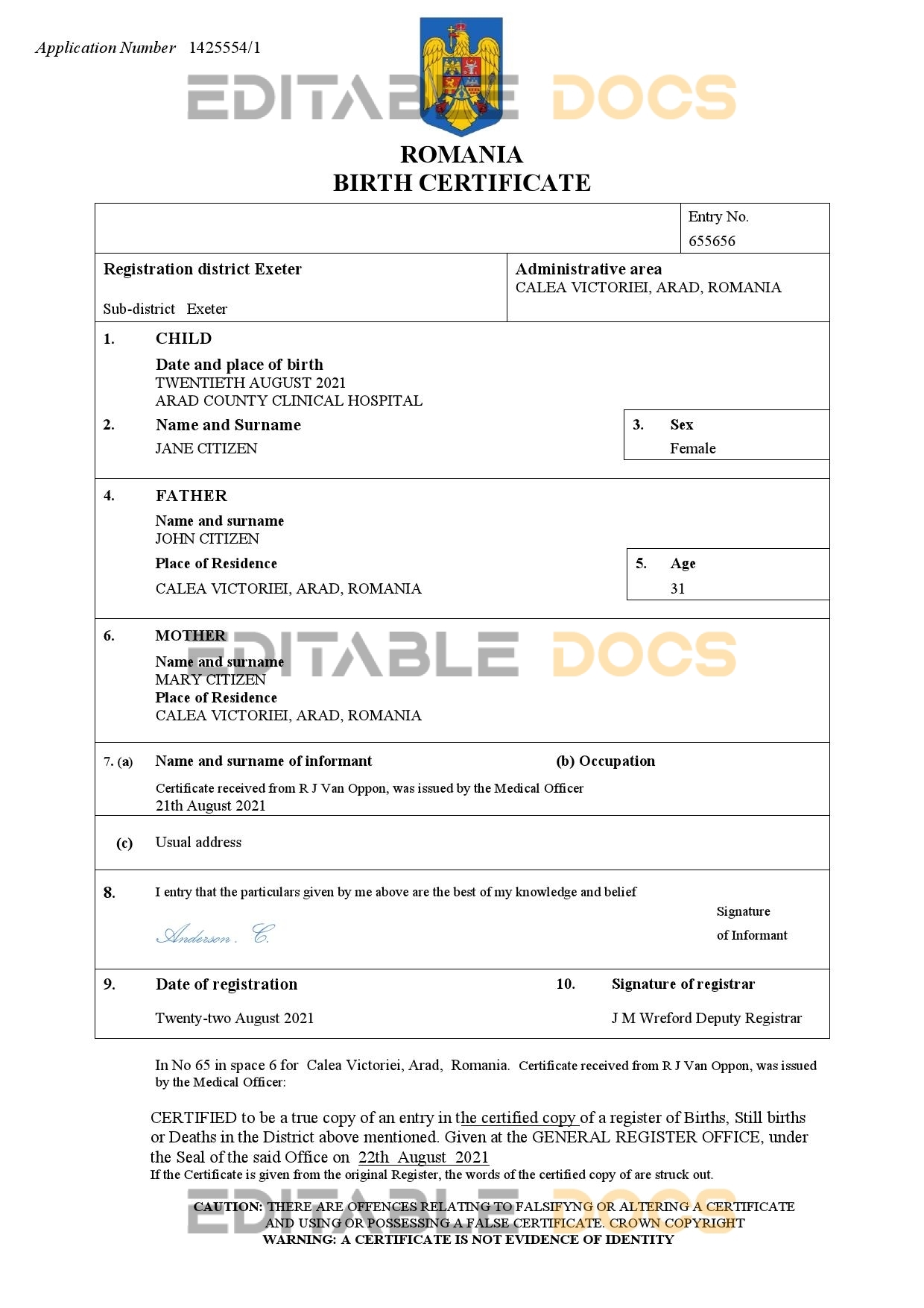 Authentic Romania Birth Certificate Template | Customize and Download Online