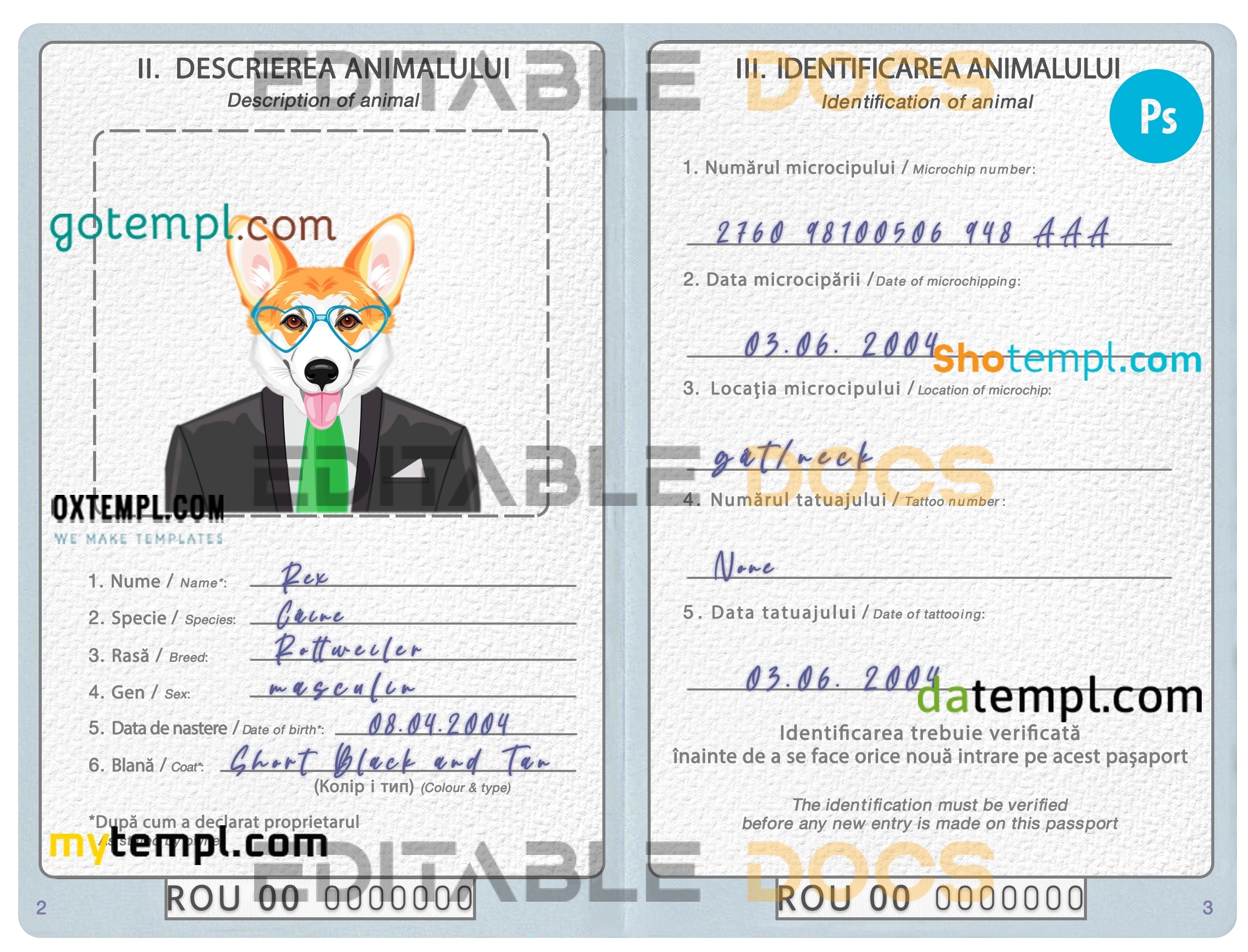 Romania dog Fake PSD Passport | Instant Download