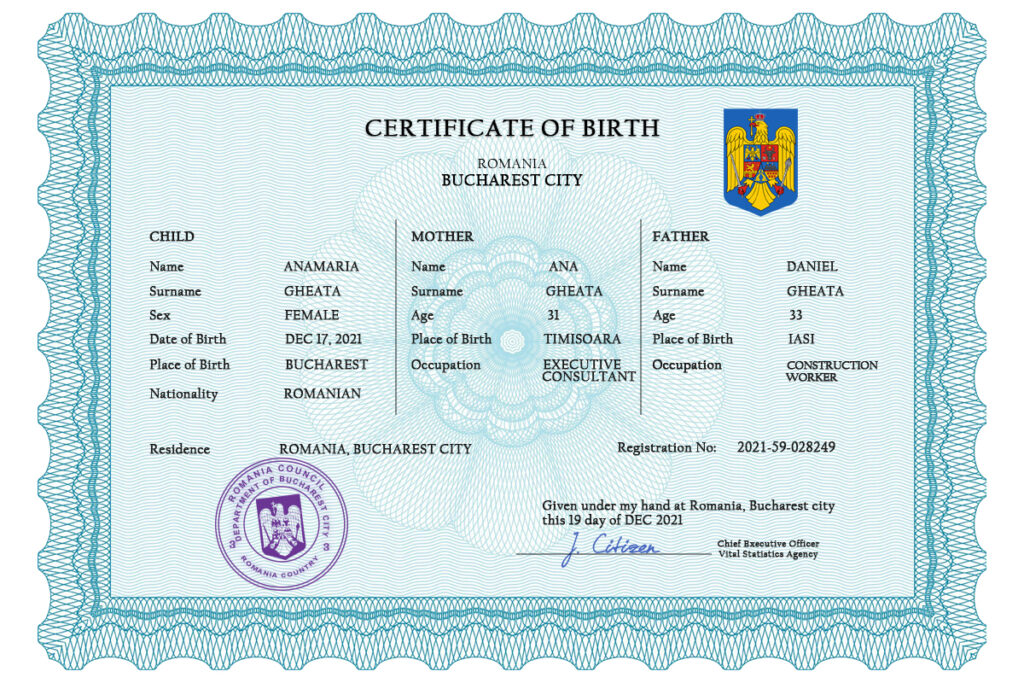 Authentic Romania Birth Certificate Template | Customize and Download Online