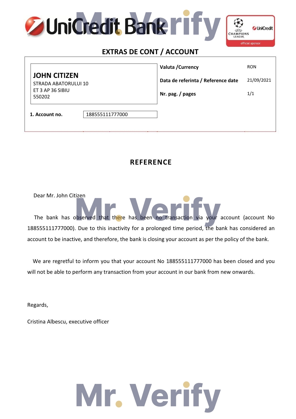 Download Romania UniCredit Bank Reference Letter Templates | Editable Word