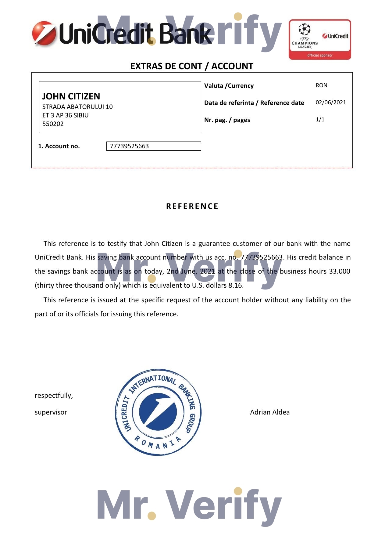 Download Romania UniCredit Bank Reference Letter Templates | Editable Word