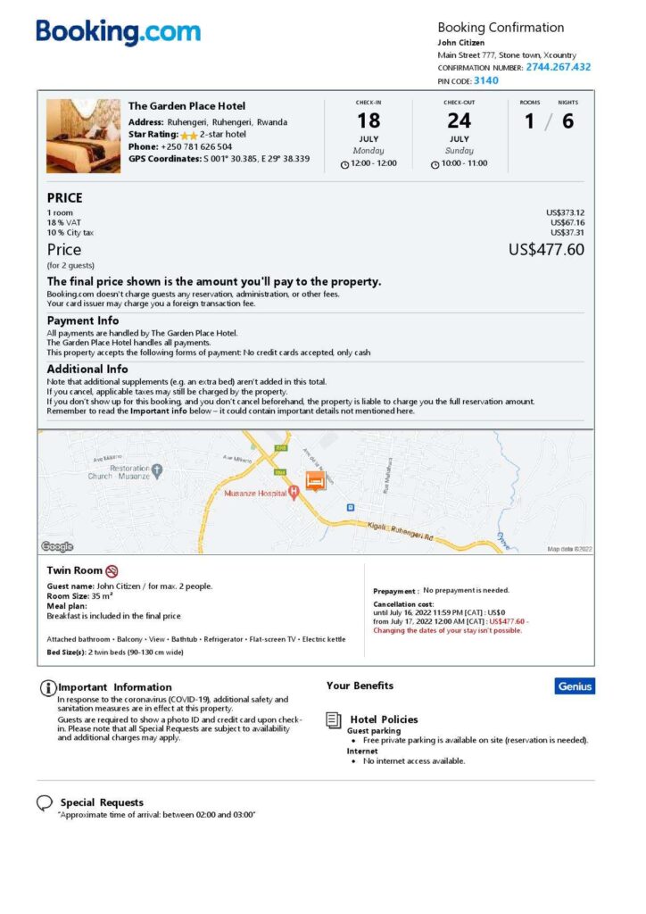 Editable Rwanda Hotel Booking Form Template | Fillable PDF