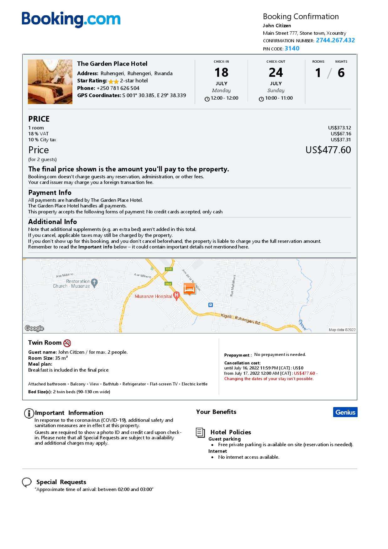Editable Rwanda Hotel Booking Form Template | Fillable PDF