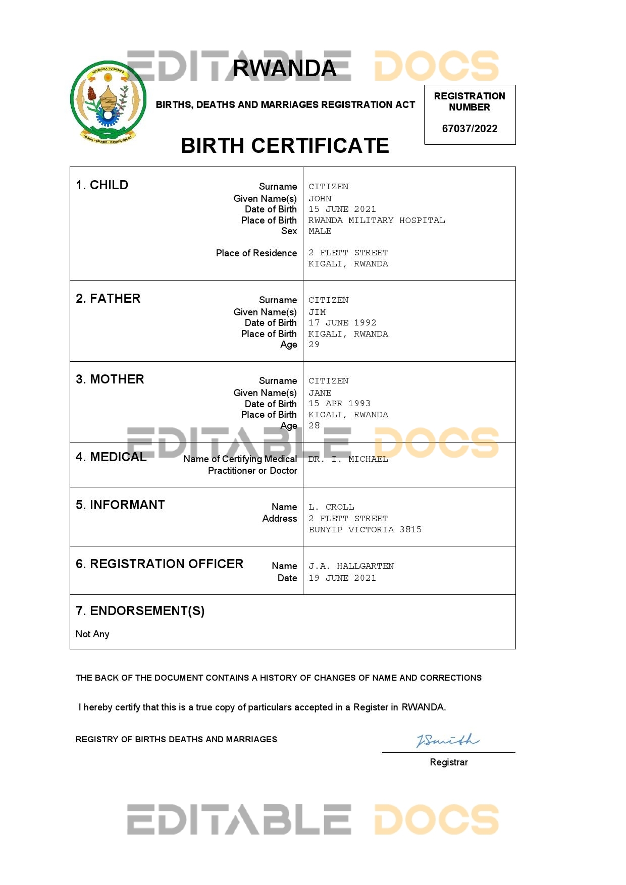 Authentic Rwanda Birth Certificate Template | Customize and Download Online
