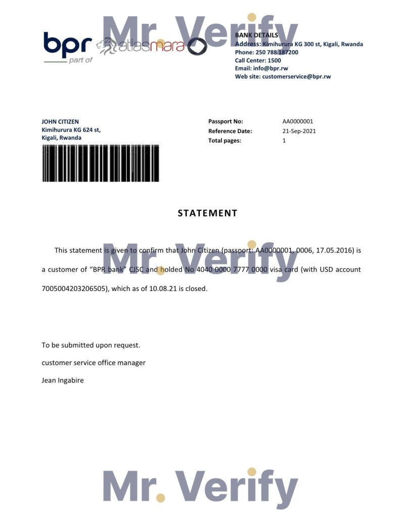 Download Rwanda BPR Atlasmara Bank Reference Letter Templates | Editable Word