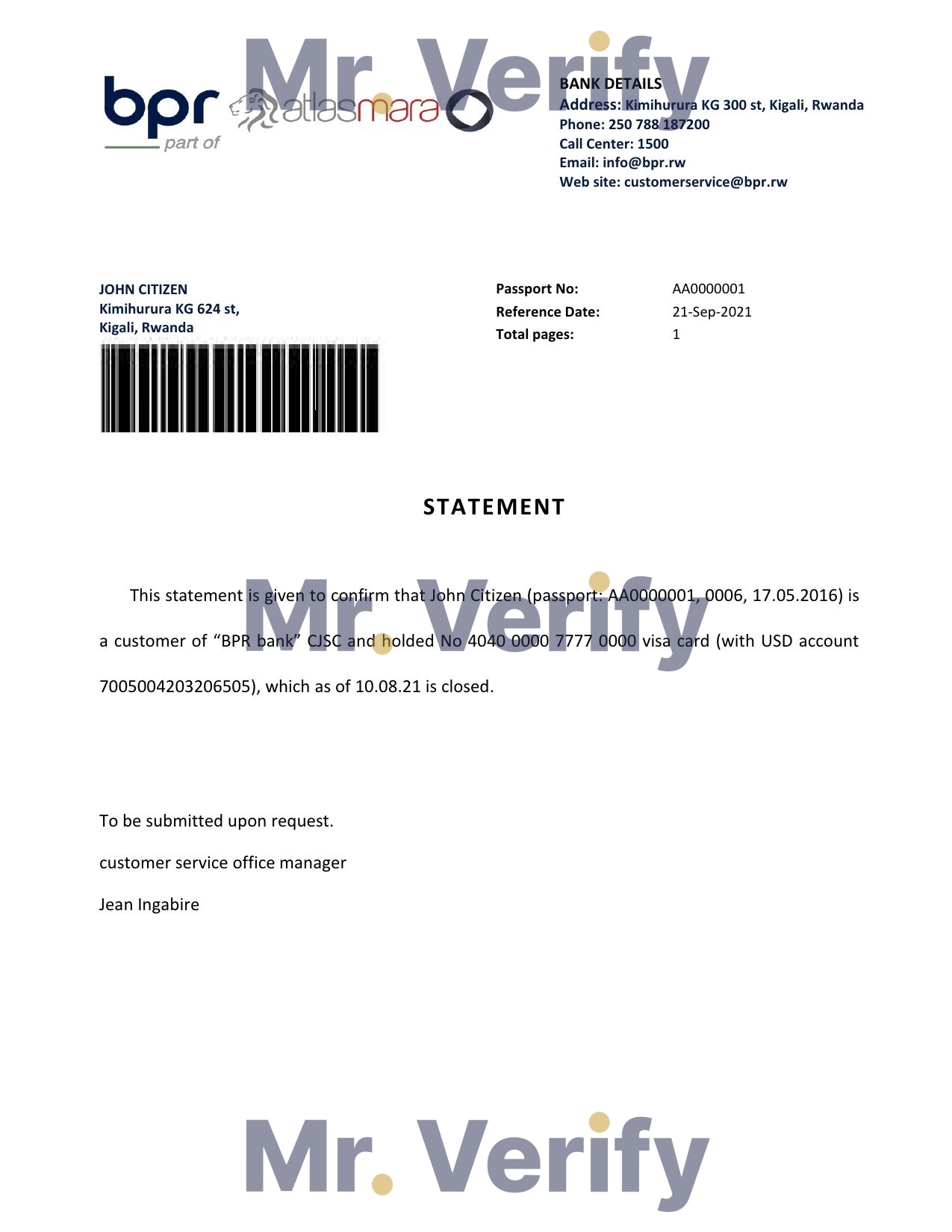 Download Rwanda BPR Atlasmara Bank Reference Letter Templates | Editable Word