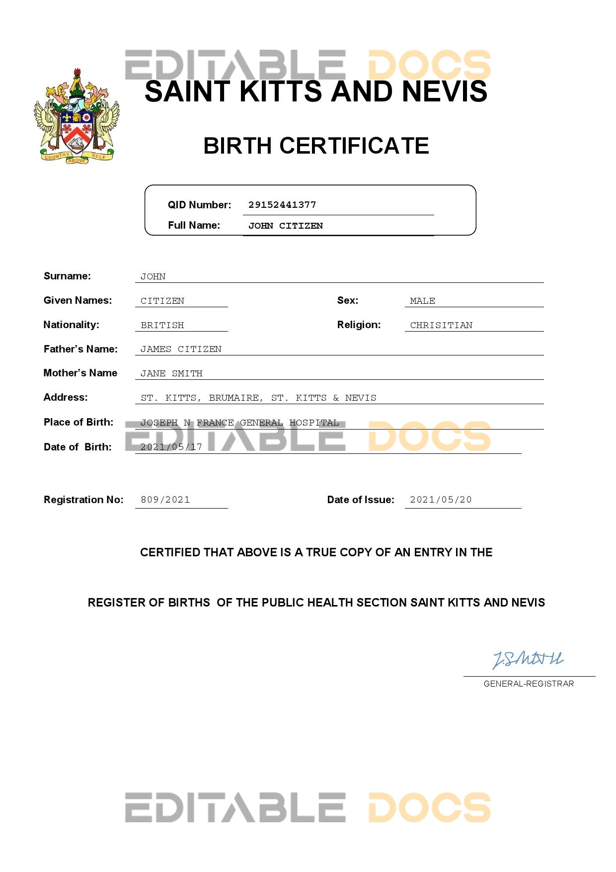 Authentic Saint Kitts and Nevis vital record Birth Certificate Template | Customize and Download Online