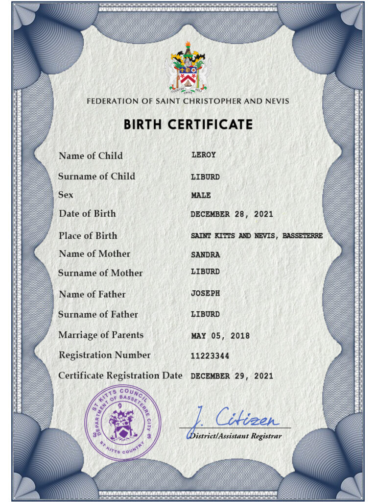 Authentic Saint Kitts Birth Certificate Template | Customize and Download Online