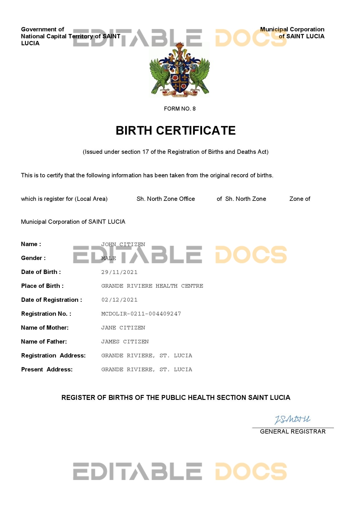 Authentic Saint Lucia Birth Certificate Template | Customize and Download Online