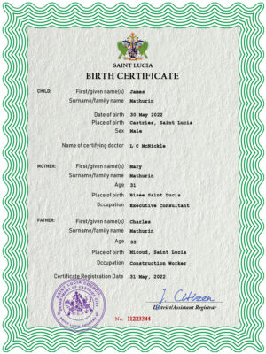 Saint Lucia vital record birth certificate PSD template, fully editable