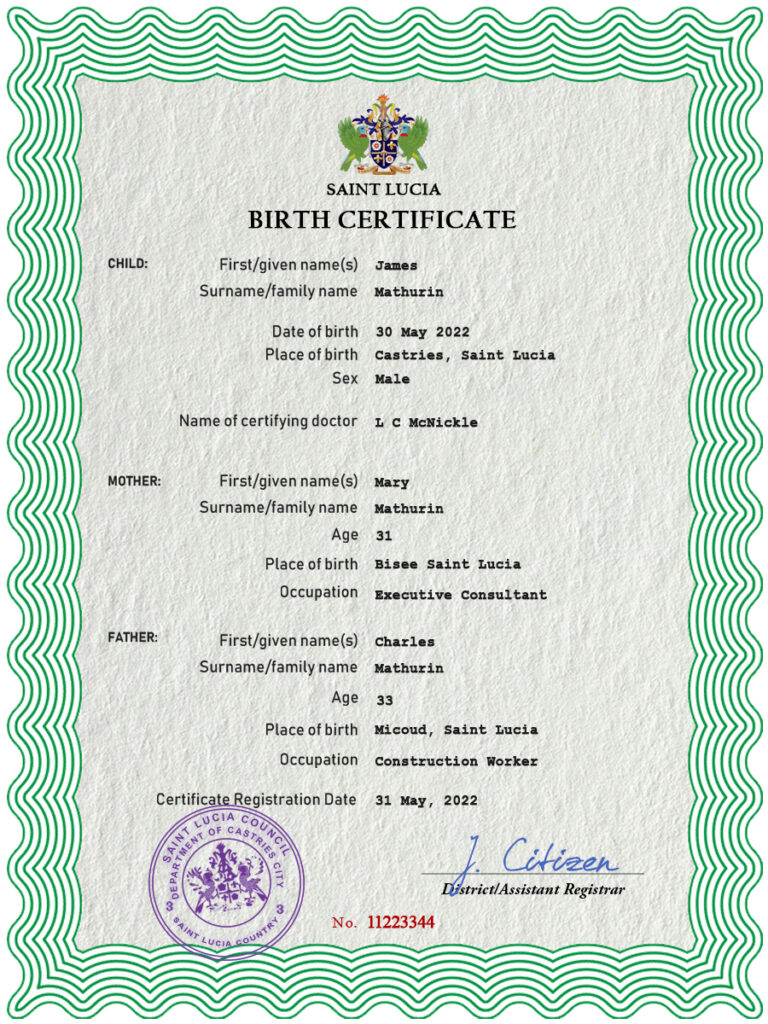 Saint Lucia vital record birth certificate PSD template, fully editable