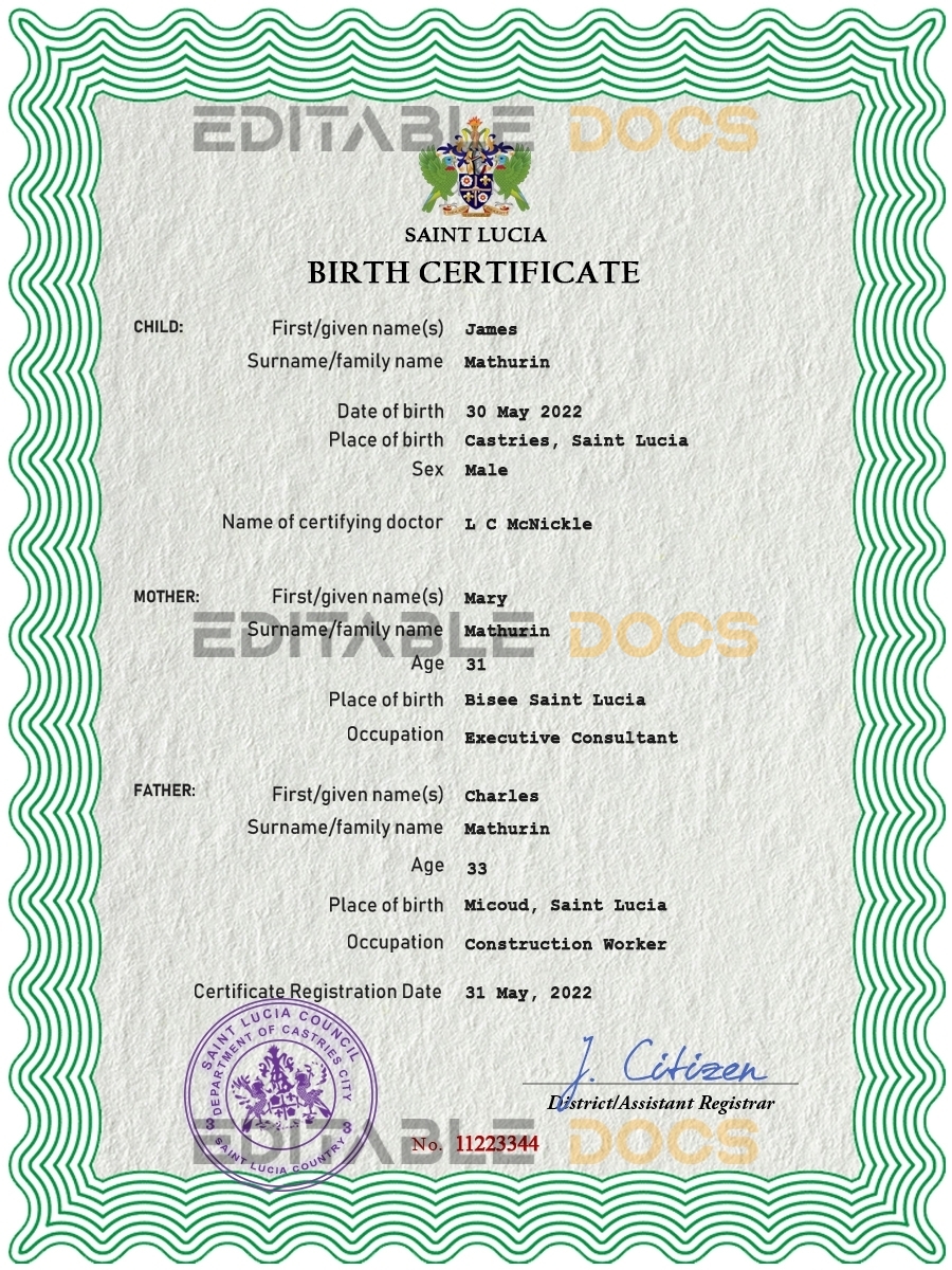 Authentic Saint Lucia Birth Certificate Template | Customize and Download Online