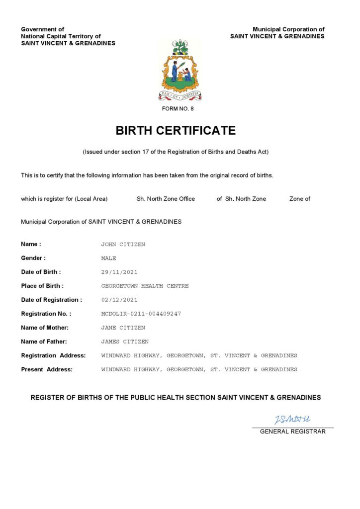 Saint Vincent & Grenadines vital record birth certificate Word and PDF template, completely editable