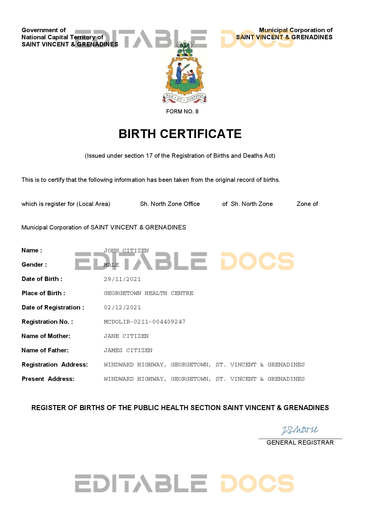 Authentic Saint Vincent & Grenadines vital Birth Certificate Template | Customize and Download Online
