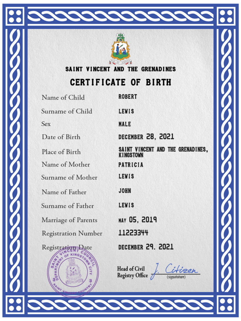 Authentic Saint Vincent and the Grenadines Birth Certificate Template | Customize and Download Online