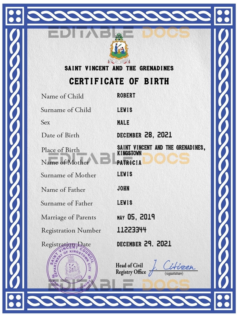 Authentic Saint Vincent and the Grenadines Birth Certificate Template | Customize and Download Online