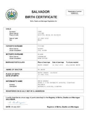 Salvador birth certificate Word and PDF template, completely editable