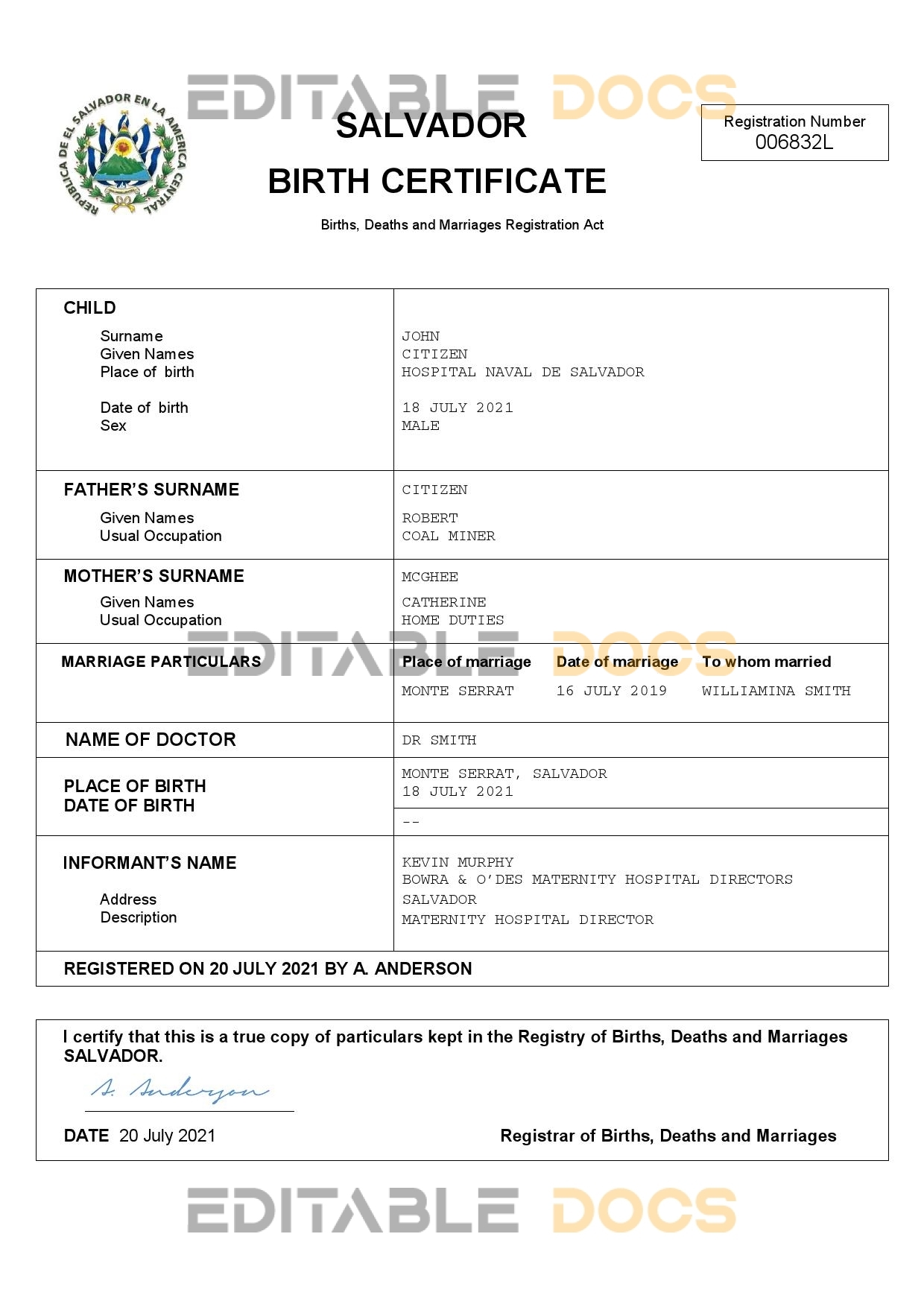 Authentic Salvador Birth Certificate Template | Customize and Download Online