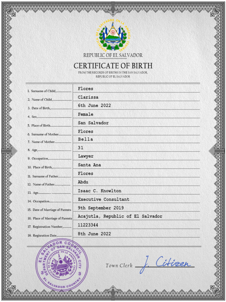 Salvador vital record birth certificate PSD template