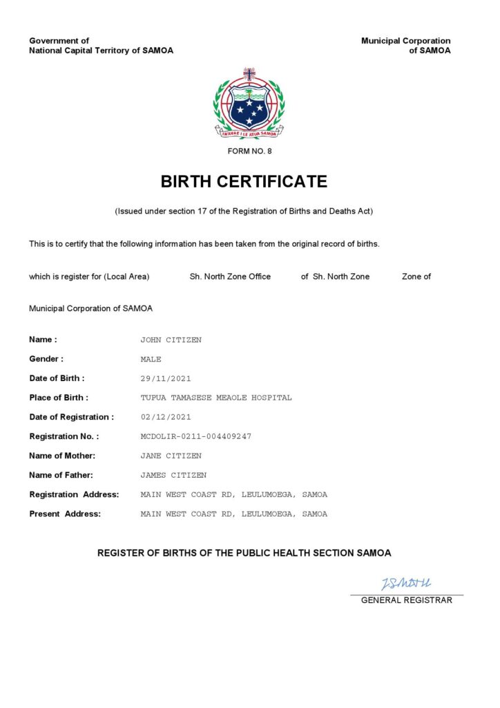 Samoa vital record birth certificate Word and PDF template, completely editable
