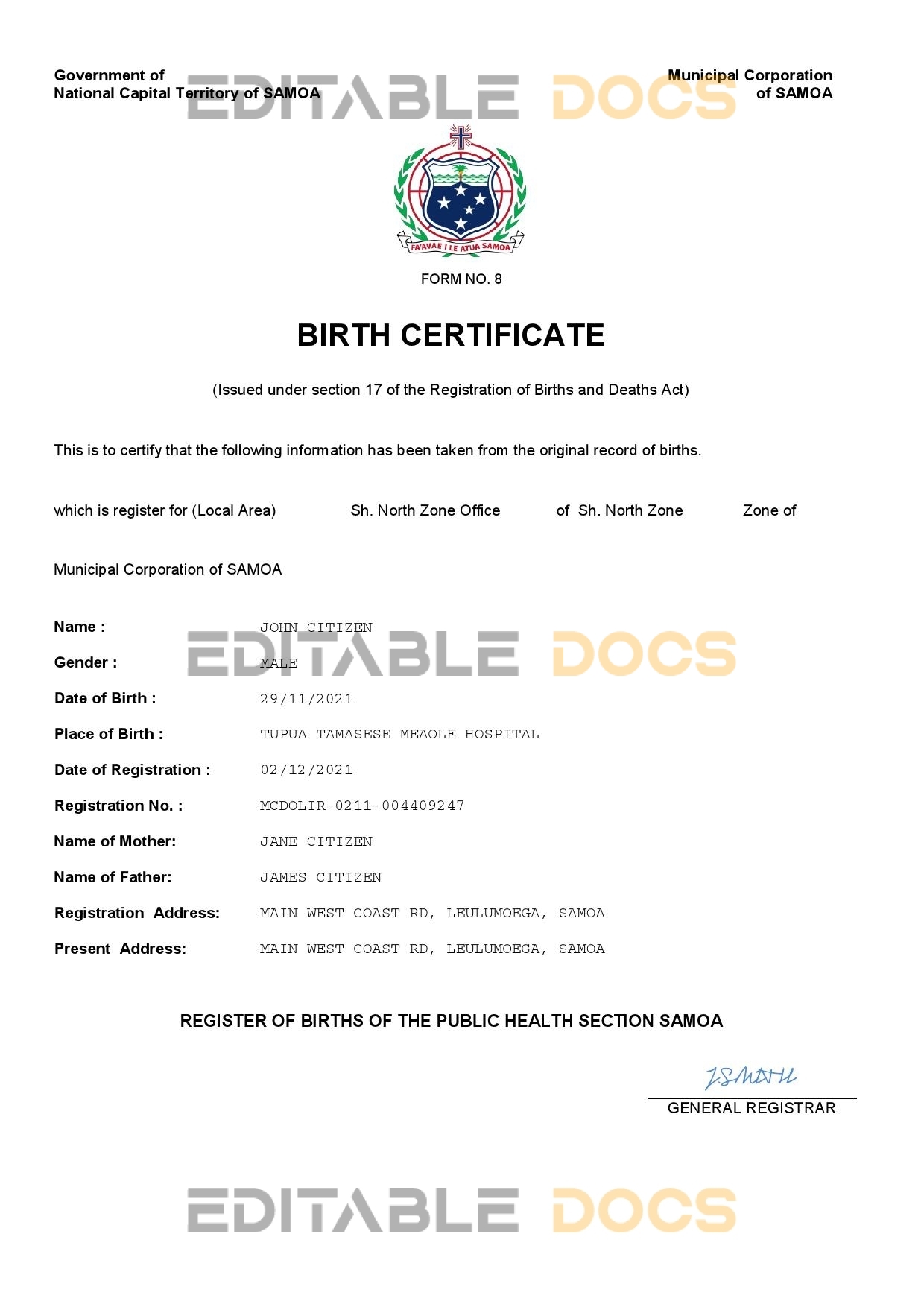 Authentic Samoa vital Birth Certificate Template | Customize and Download Online