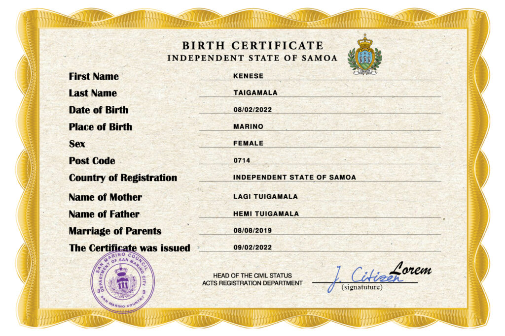 Samoa vital record birth certificate PSD template, fully editable