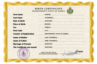 Samoa vital record birth certificate PSD template, fully editable