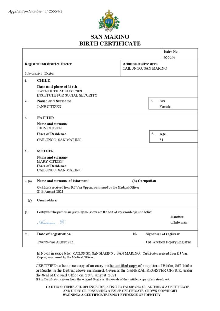 San Marino birth certificate Word and PDF template, completely editable