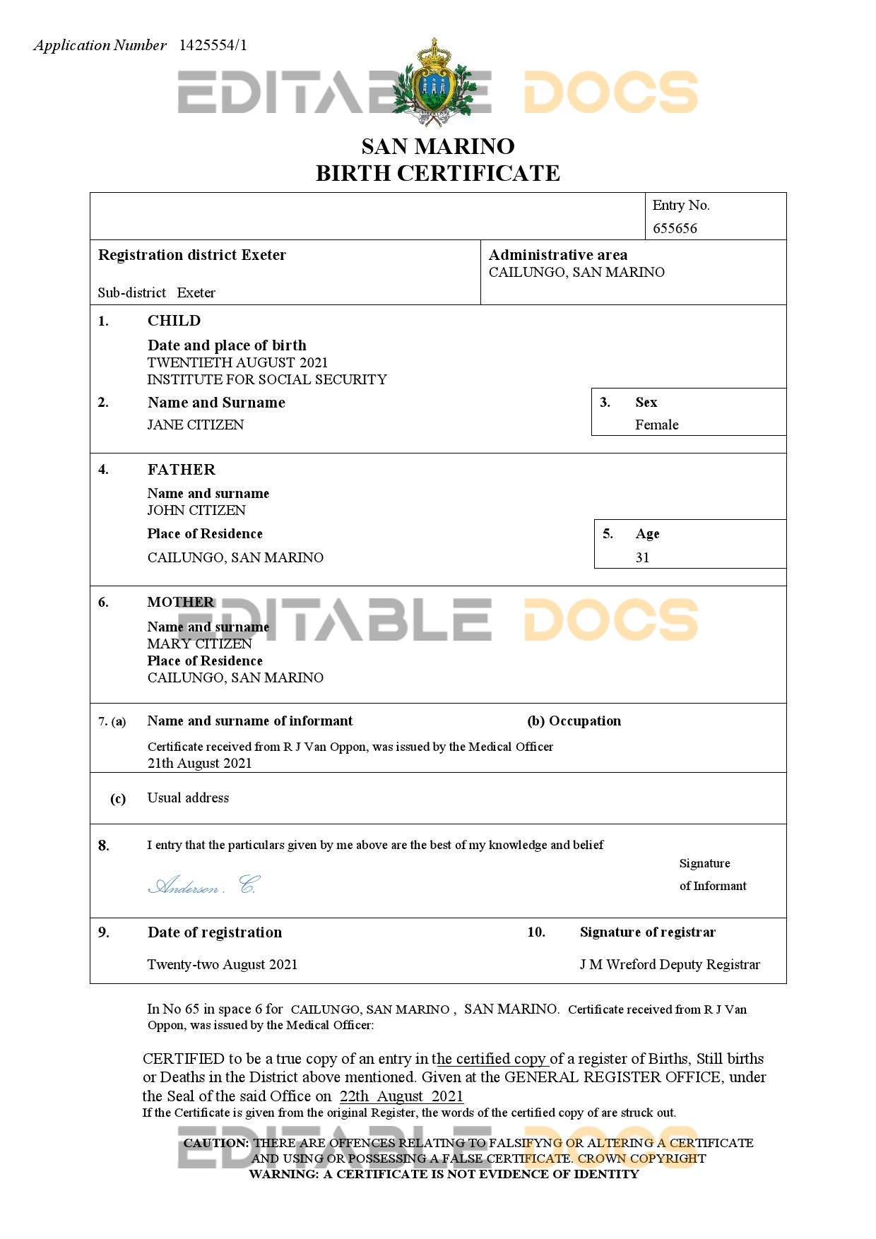 Authentic San Marino Birth Certificate Template | Customize and Download Online