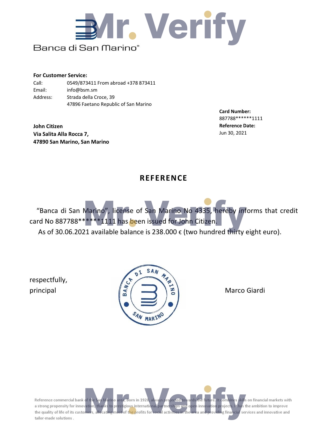 Download San Marino Banca di San Marino Bank Reference Letter Templates | Editable Word
