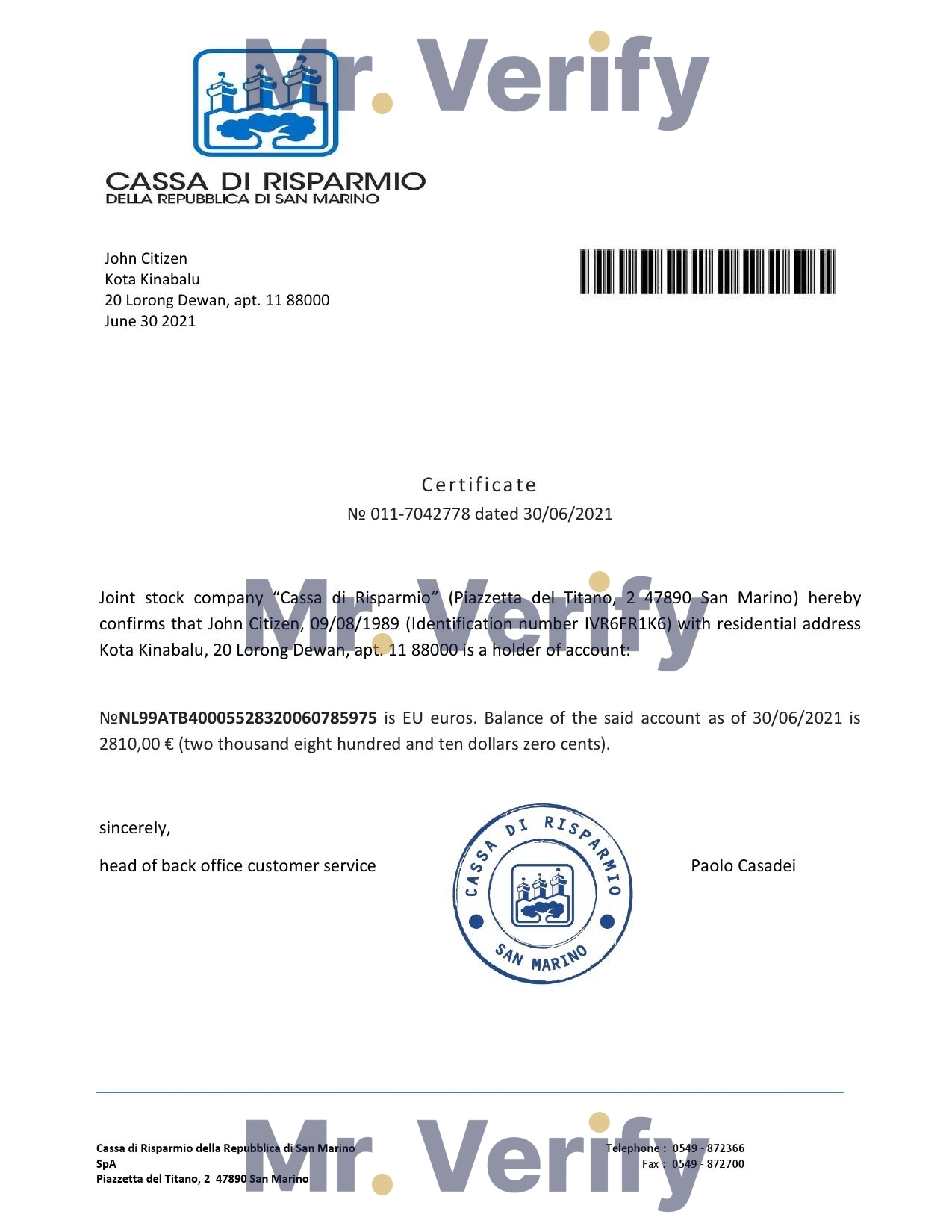 Download San Marino Cassa di Risparmio Bank Reference Letter Templates | Editable Word