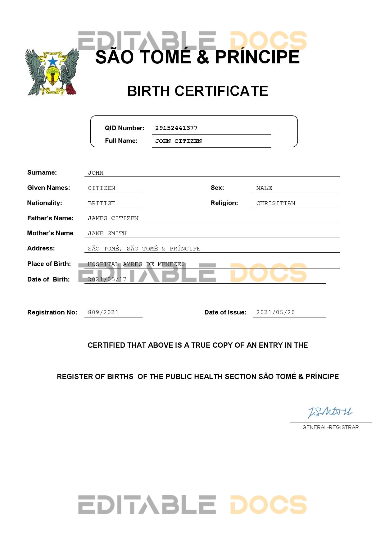 Authentic Sao Tome & Principe vital record Birth Certificate Template | Customize and Download Online